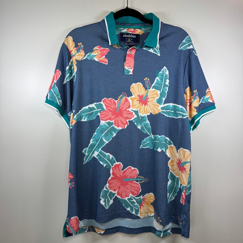 Chubbies Mens XL Blue Tropical Hibiscus Floral Pique Polo Shirt Short Sleeve